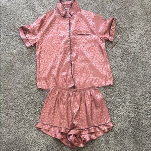 Silky Pink Leopard Print Pajama Set with Black Trim